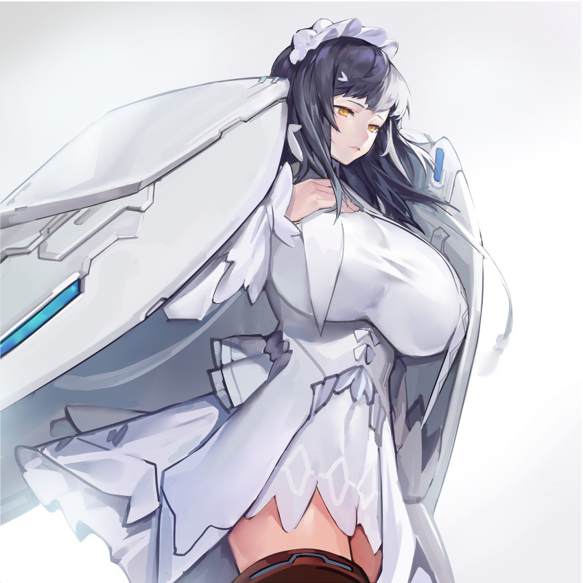 1girl bangs breasts commentary cowboy_shot dark_blue_hair dress hand_on_own_chest highres huge_breasts impossible_clothes impossible_dress jam_(nandade) last_origin long_hair looking_down maid_headdress parted_lips simple_background snow_feather solo thigh-highs thighs white_background white_dress wings yellow_eyes