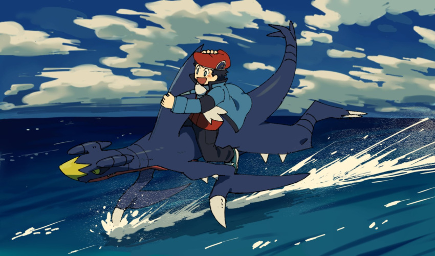 1boy :d black_hair black_pants blue_jacket blush bright_pupils clouds day garchomp gen_4_pokemon hand_on_headwear hat highres jacket long_sleeves lucas_(pokemon) male_focus mashita._(mentaiko_omoti) open_mouth outdoors pants pokemon pokemon_(creature) pokemon_(game) pokemon_dppt pokemon_platinum red_headwear riding_pokemon scarf shoes short_hair skimming sky smile water white_pupils white_scarf