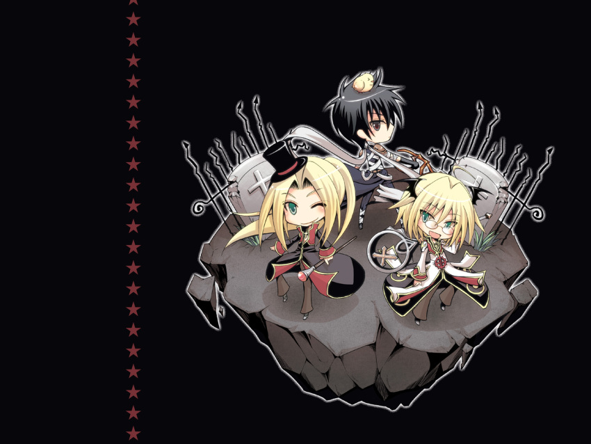 3boys :d animal_on_head armor assassin_(ragnarok_online) bandages bangs bird bird_on_head black_cape black_coat black_footwear black_hair black_headwear black_pants black_shirt black_wings blonde_hair blush brown_eyes brown_pants cape chibi chick closed_mouth coat commentary_request cross cross_necklace demon_wings eyebrows_visible_through_hair fence full_body glasses graveyard green_eyes hair_between_eyes hat head_wings high_priest_(ragnarok_online) highres holding holding_staff jewelry layered_clothing long_hair long_sleeves looking_at_viewer male_focus multiple_boys necklace on_head one_eye_closed open_clothes open_coat open_mouth pants parted_bangs pauldrons ponytail priest_(ragnarok_online) ragfes ragnarok_online red_coat round_eyewear shiiiya shirt shoes short_hair shoulder_armor sleeveless sleeveless_shirt smile staff standing star_(symbol) tombstone top_hat two-tone_coat waist_cape white_coat wings