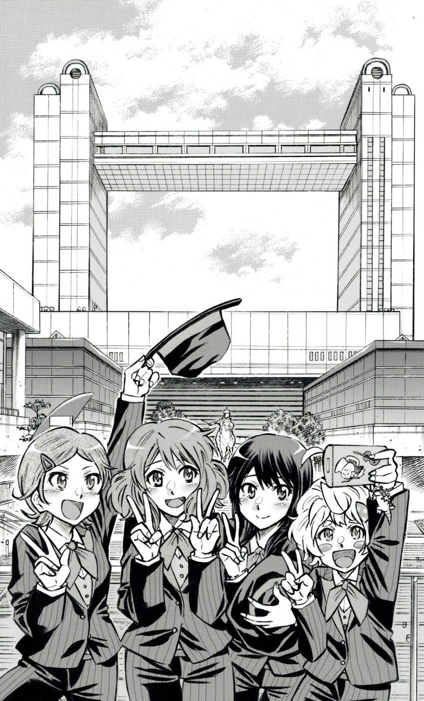 4girls blazer bow bowtie building clouds collared_shirt fedora formal hair_ornament hairclip hat hibike!_euphonium highres holding holding_phone jacket katou_hazuki kawashima_sapphire kousaka_reina long_hair long_sleeves looking_at_viewer multiple_girls open_mouth oumae_kumiko outdoors phone selfie shirt short_hair sky slacks suit v waretaka white_shirt