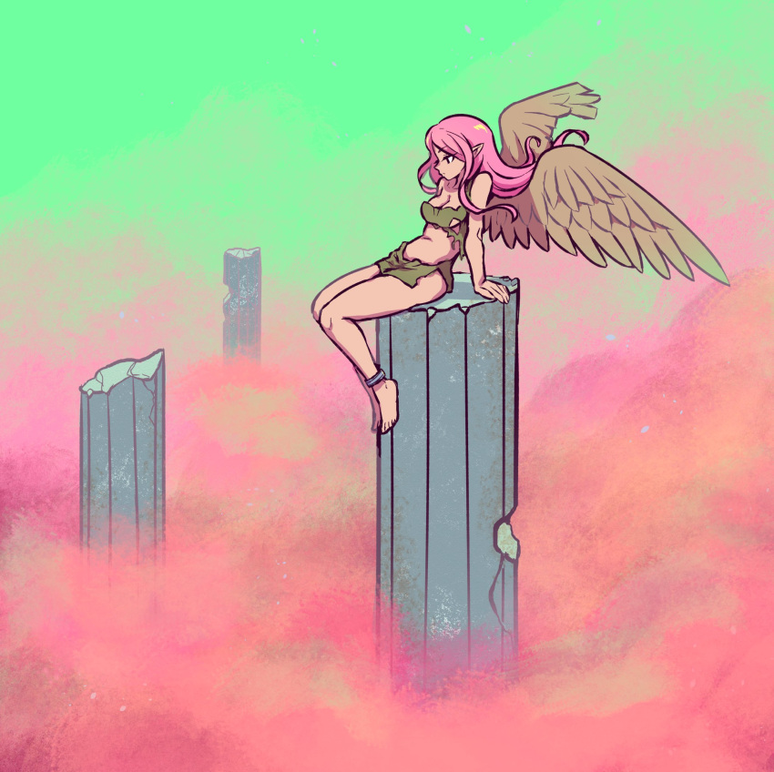 1girl above_clouds akairiot barefoot brown_wings column expressionless feathered_wings highres long_hair navel original pillar pink_hair pointy_ears profile smoke solo wide_shot wings