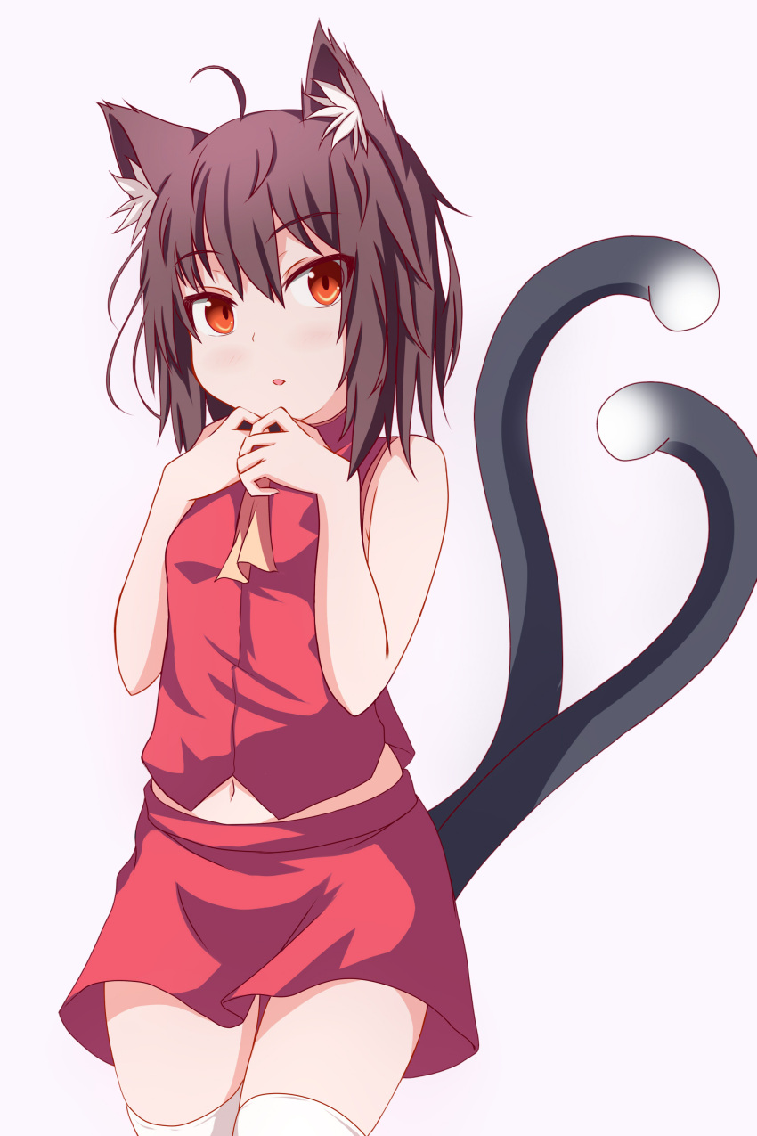 1girl absurdres ahoge animal_ear_fluff animal_ears ascot bare_shoulders breasts brown_eyes brown_hair cat_ears cat_tail chen cowboy_shot furagu hands_up highres looking_at_viewer medium_hair multiple_tails nekomata no_hat no_headwear parted_lips red_shirt red_skirt shirt simple_background skirt small_breasts solo tail thigh-highs touhou two_tails white_background white_legwear yellow_neckwear