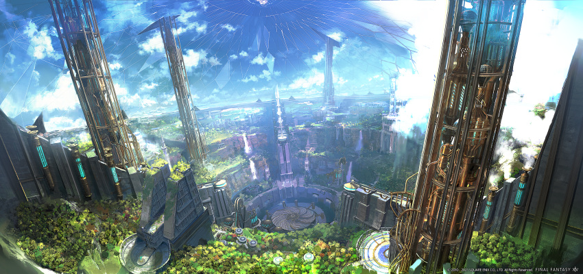 architecture building copyright copyright_name dome final_fantasy final_fantasy_xiv highres no_humans official_art scenery sky square_enix water waterfall