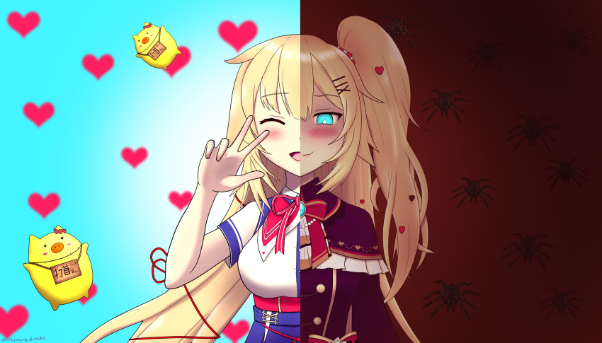 1girl absurdres akai_haato artist_name bangs blonde_hair blush bow closed_eyes contrast dark dark_background dual_persona glowing glowing_eyes haaton_(akai_haato) hair_ornament hair_ribbon hand_gesture heart heart_hair_ornament highres hololive long_hair looking_at_viewer open_mouth ribbon smile themorbidotaku virtual_youtuber