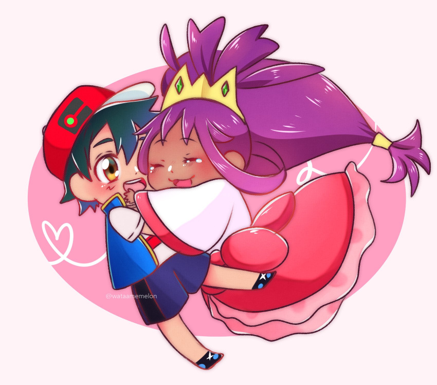1boy 1girl ash black_hair dress highres hug iris_(pokemon) pink_dress pokemon pokemon_(anime) pokemon_swsh_(anime) purple_hair