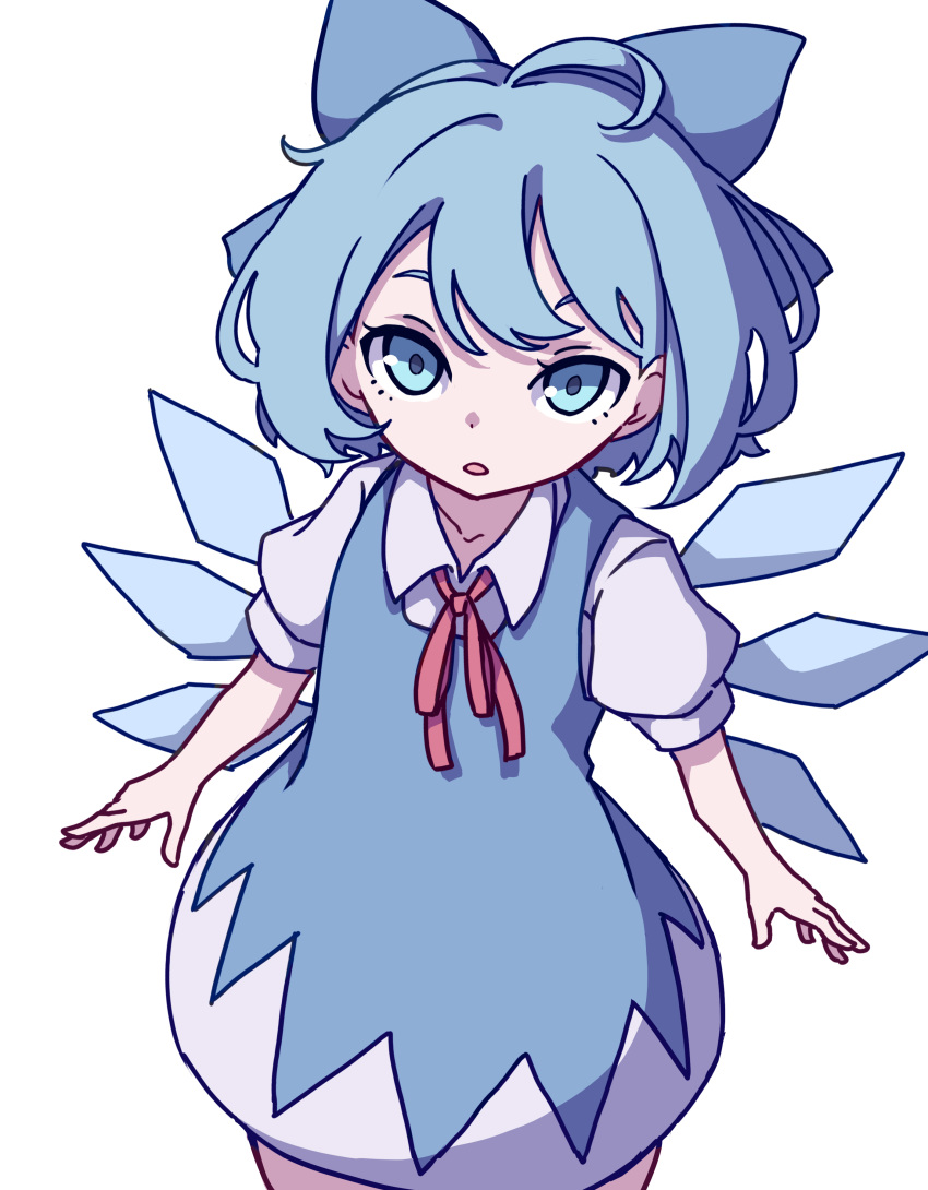 1girl absurdres bangs blue_bow blue_dress blue_eyes blue_hair blue_shirt bow cirno collared_shirt cowboy_shot dress eyebrows_behind_hair hair_bow highres ice ice_wings kame_(kamepan44231) looking_at_viewer one-hour_drawing_challenge open_mouth red_neckwear red_ribbon ribbon shirt short_hair short_sleeves simple_background solo standing touhou white_background white_shirt wings