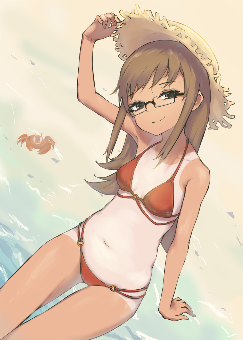 1girl ank arm_support arm_up bangs beach bikini breasts brown_eyes brown_hair cowboy_shot crab day from_above glasses halterneck hand_on_headwear hat head_tilt highres long_hair looking_at_viewer multi-strapped_bikini navel o-ring o-ring_bikini on_ground one-piece_tan original outdoors rectangular_eyewear red_bikini sidelocks sitting small_breasts smile solo straw_hat string_bikini swimsuit tan tanline thigh_gap water