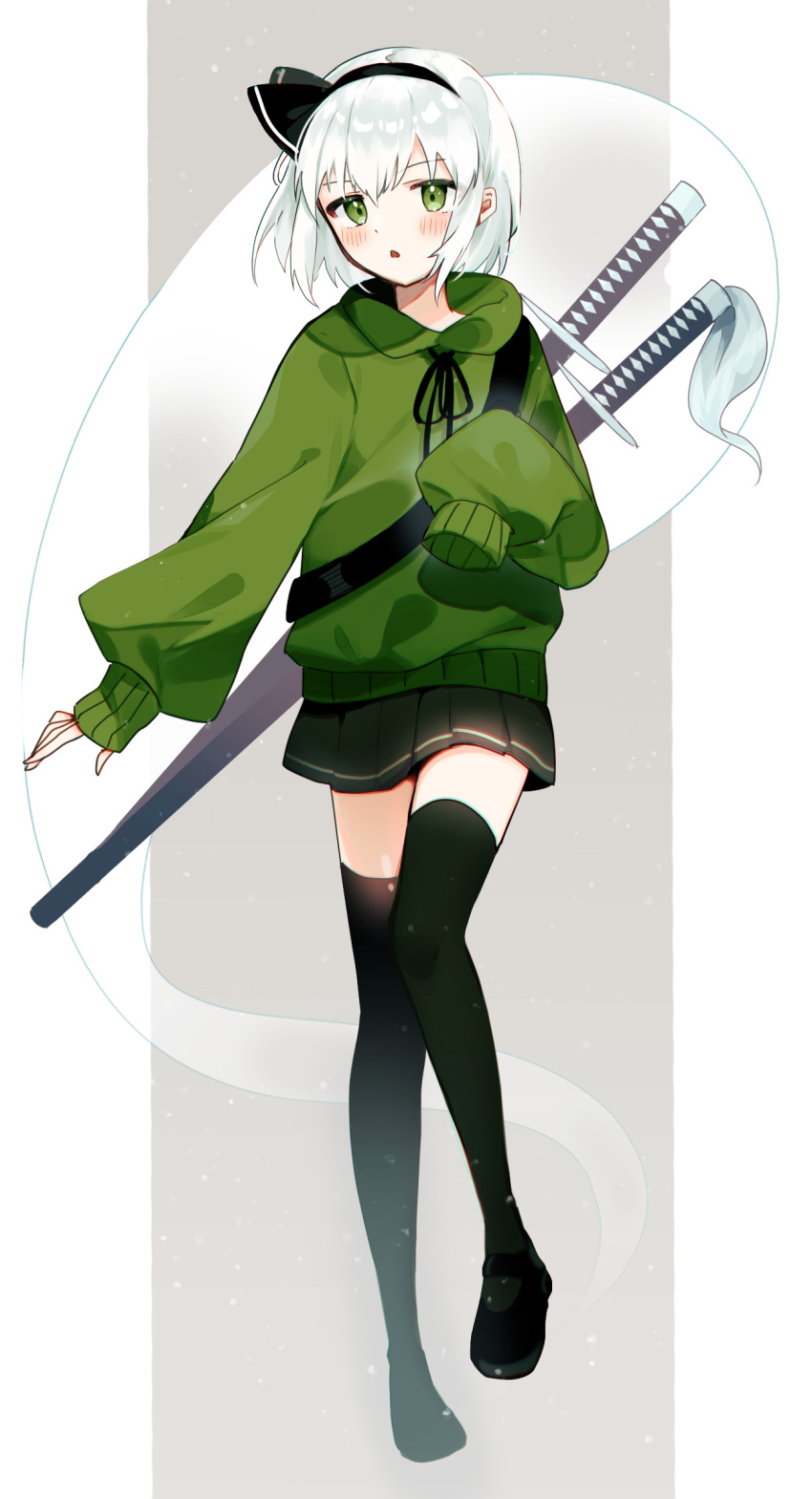 1girl absurdres adapted_costume black_hairband black_legwear black_ribbon black_skirt blush contemporary full_body green_eyes green_hoodie grey_background hair_ribbon hairband highres hood hoodie konpaku_youmu konpaku_youmu_(ghost) open_mouth pleated_skirt ribbon skirt sleeves_past_wrists solo suikario sword sword_behind_back tassel thigh-highs touhou weapon white_hair