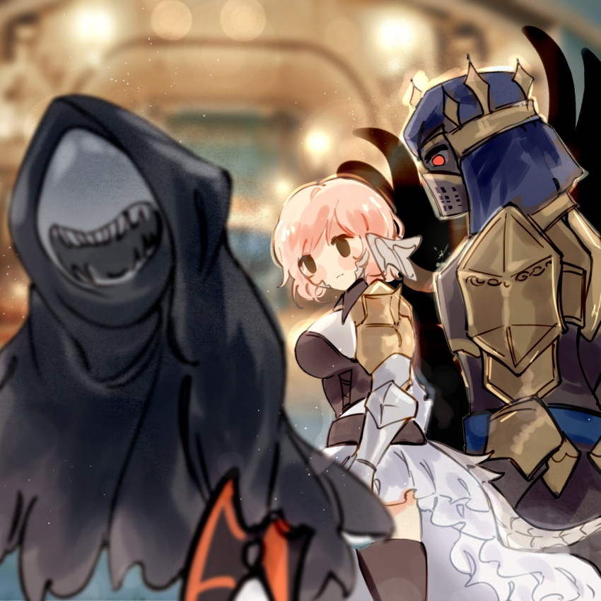 1boy 1girl 1other armor armored_dress au_ra blurry blurry_background dark_knight_(final_fantasy) distracted_boyfriend_(meme) dragon_horns dragon_tail fangs fenrishion final_fantasy final_fantasy_xiv fray_myste glowing highres hood horns looking_at_another looking_back mask meme monster pink_hair reaper_(final_fantasy) red_eyes shadow short_hair smile tail