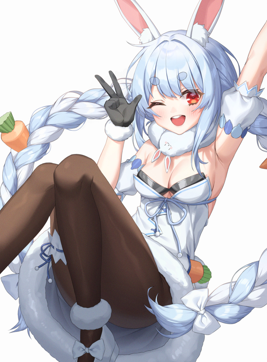 1girl ;d absurdres animal_ear_fluff animal_ears arm_up armpits bangs black_bra black_gloves blue_hair blush bra braid breasts brown_legwear carrot_hair_ornament commentary_request detached_sleeves don-chan_(usada_pekora) dress eyebrows_visible_through_hair feet_out_of_frame food_themed_hair_ornament fur_scarf gloves hair_ornament hand_up highres hololive huge_filesize long_hair looking_at_viewer medium_breasts multicolored_hair one_eye_closed open_mouth pantyhose rabbit_ears red_eyes scarf shoes short_eyebrows smile solo thick_eyebrows twin_braids twintails two-tone_hair underwear upper_teeth usada_pekora v very_long_hair virtual_youtuber white_dress white_footwear white_hair white_scarf xiho_(suna)