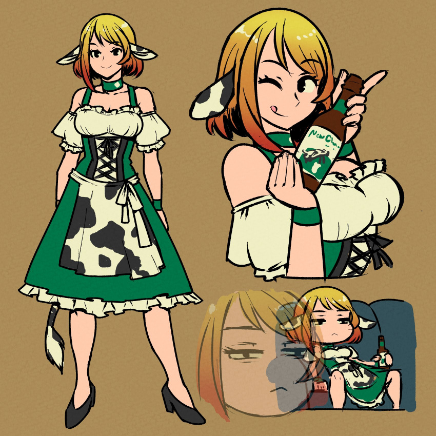 1girl akairiot animal_ears animal_print apron black_eyes black_footwear blonde_hair bottle brown_background brown_hair cow_ears cow_print cow_tail dress eyebrows_visible_through_hair frilled_dress frills gradient_hair green_dress hands_up highres holding holding_bottle looking_at_viewer multicolored_hair multiple_views one_eye_closed original shoes short_hair simple_background sitting smile tail