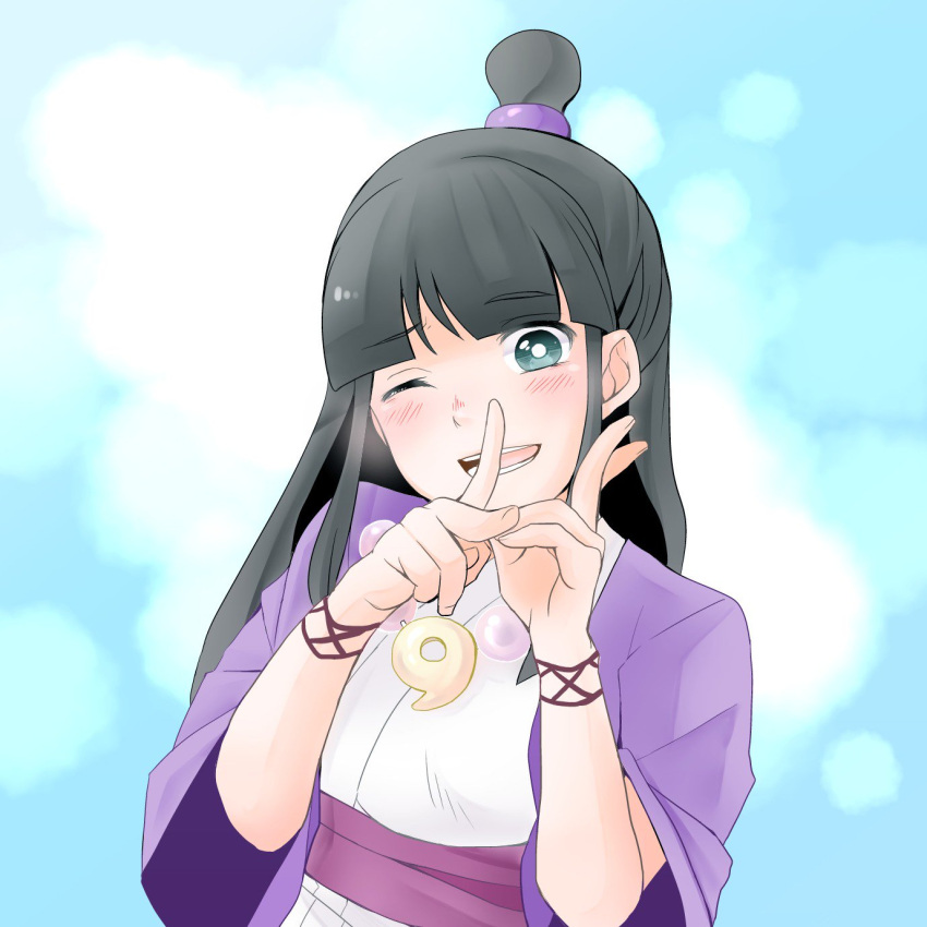 1girl ayasato_mayoi black_hair gyakuten_saiban highres japanese_clothes jewelry long_hair looking_at_viewer magatama myscarlet_love necklace one_eye_closed open_mouth smile solo v