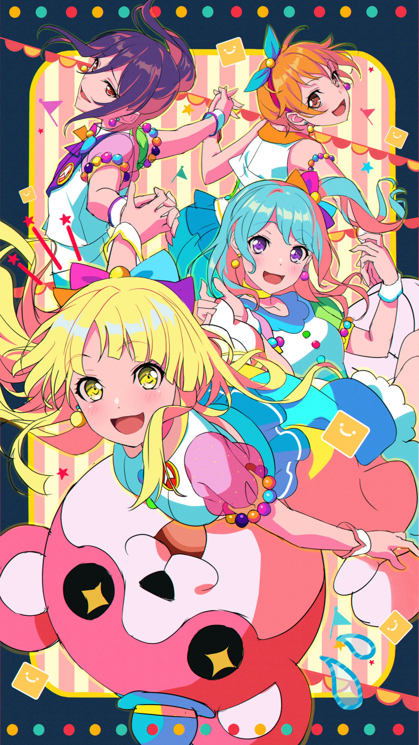 +_+ 4girls :d absurdres animal_costume bang_dream! bangs bear_costume blonde_hair blue_hair blush bow bowl bowl_hat breasts brown_eyes dress earrings eyebrows_visible_through_hair frilled_dress frills hair_bow hat hello_happy_world! highres holding_hands interlocked_fingers jewelry kitazawa_hagumi leaning_back light_blue_hair long_hair looking_at_viewer mascot mascot_costume matsubara_kanon medium_breasts michelle_(bang_dream!) mini_hat multicolored_bow multiple_girls nobusawa_osamu one_side_up open_mouth orange_hair ponytail puffy_short_sleeves puffy_sleeves red_eyes see-through_sleeves seta_kaoru short_hair short_sleeves sidelocks smile tsurumaki_kokoro violet_eyes wrist_cuffs yellow_eyes