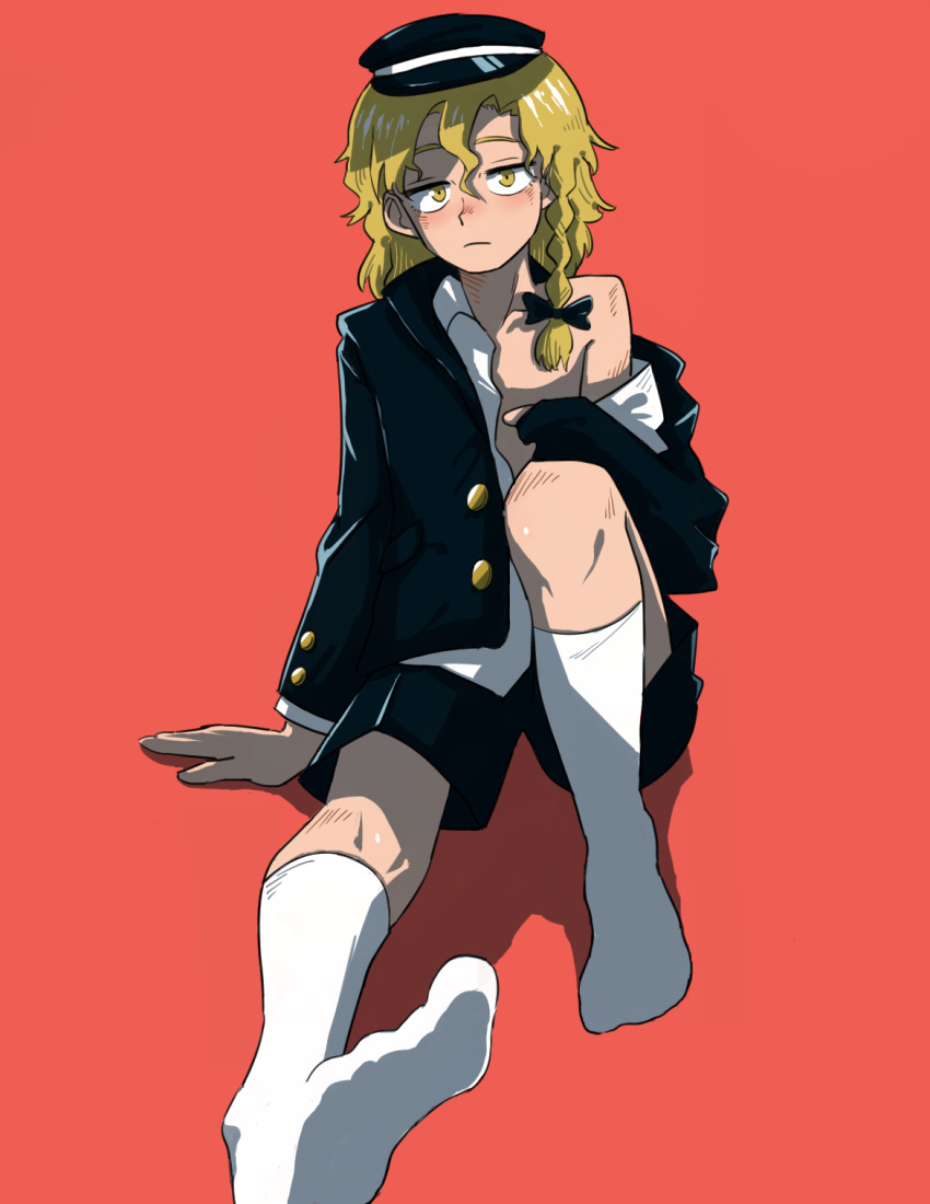 1boy blonde_hair braid commentary cookie_(touhou) gakuran hat highres kirisame_marisa kneehighs long_hair no_shoes open_clothes open_shirt otoko_no_ko rei_(cookie) rikadai school_uniform shirt_slip short_shorts shorts simple_background sitting solo touhou white_legwear yellow_eyes