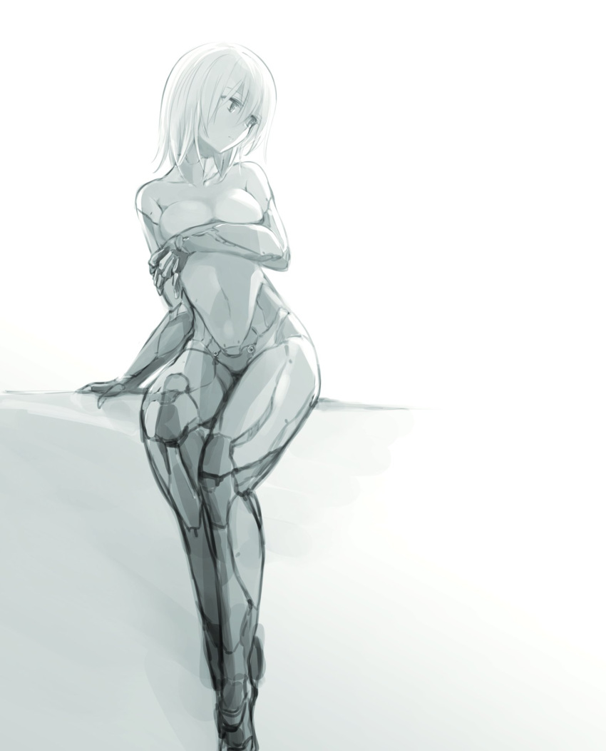 1girl android covering covering_breasts expressionless greyscale hair_between_eyes highres ishiyumi joints mechanical_arms mechanical_buddy_universe mechanical_legs momdroid_(mechanical_buddy_universe) monochrome nude robot_joints science_fiction short_hair solo