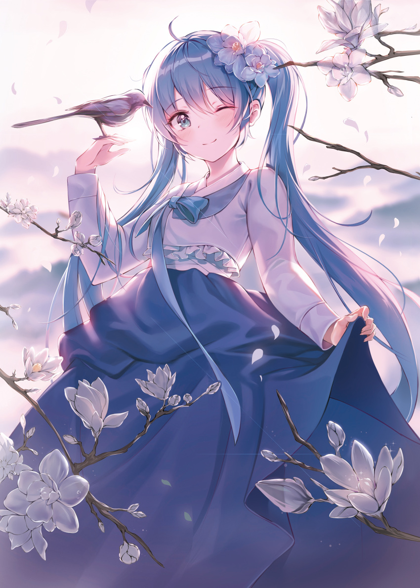 1girl ;) absurdres animal_on_hand bangs bird bird_on_hand blue_eyes blue_hair blue_skirt closed_mouth commentary_request eyebrows_visible_through_hair flower hair_between_eyes hanbok hand_up harusame_(user_wawj5773) hatsune_miku highres korean_clothes long_hair long_sleeves one_eye_closed petals skirt smile solo tree_branch twintails very_long_hair vocaloid white_flower