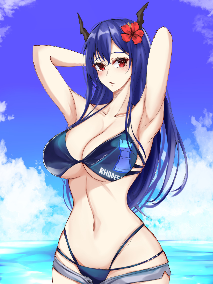 1girl absurdres arknights armpits arms_up bangs bikini blue_bikini blue_hair blue_sky breasts ch'en_(arknights) ch'en_the_holungday_(arknights) clouds commentary day dragon_horns flower grey_shorts hair_flower hair_ornament hibiscus highres horns large_breasts long_hair looking_at_viewer micro_shorts multi-strapped_bikini navel red_eyes red_flower rhodes_island_logo shorts sinorder sky solo stomach swimsuit upper_body very_long_hair water