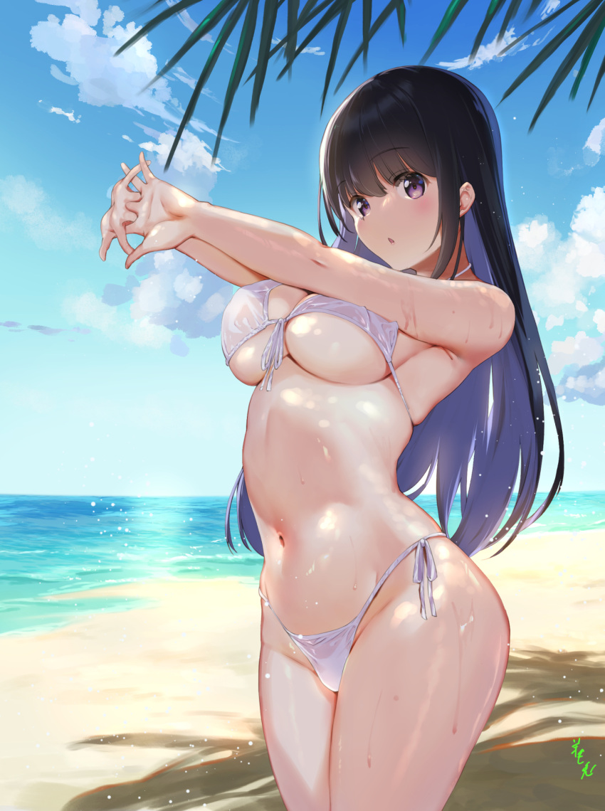 1girl beach bikini black_hair blush breasts day highres large_breasts long_hair looking_at_viewer navel ocean original outdoors palm_tree sand shiny shiny_hair shiny_skin solo standing stretch swimsuit tree under_boob violet_eyes water wet white_bikini youmou_usagi