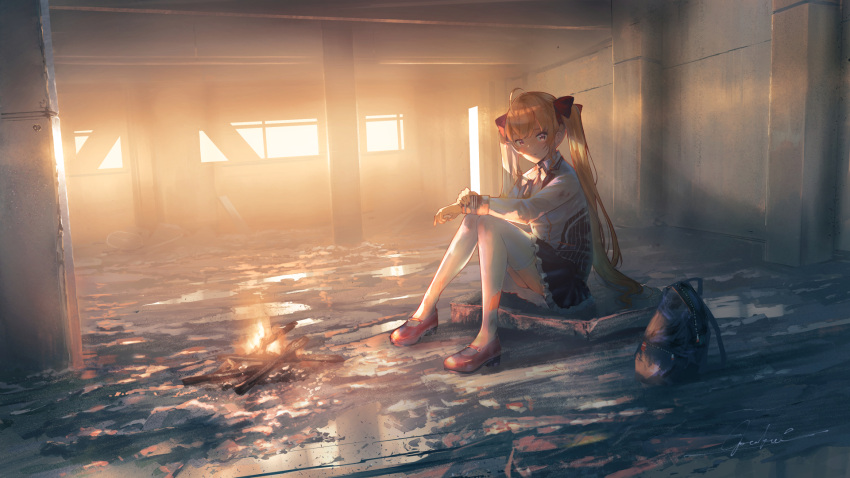 1girl ahoge bag bangs blonde_hair bow bowtie campfire commentary_request fire full_body goroku hair_bow highres indoors long_hair long_sleeves looking_at_viewer mary_janes nijisanji on_floor pleated_skirt ruins school_bag shoes sidelocks signature sitting skirt solo takamiya_rion thigh-highs torn_clothes torn_legwear twintails violet_eyes wallpaper white_legwear