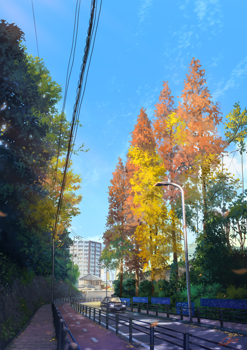 apartment autumn autumn_leaves blue_sky building bush car chain-link_fence city clouds commentary_request day fence ground_vehicle highres house japan lamppost leaf motor_vehicle niko_p no_humans original outdoors power_lines railing road scenery signature sky tree utility_pole window