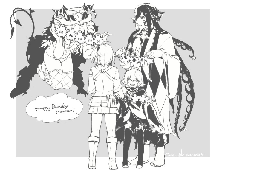 2boys 2girls age_difference ashiya_douman_(fate) asymmetrical_hair aves_plumbum9 black_hair black_legwear boots border cape curly_hair fate/grand_order fate_(series) floating fujimaru_ritsuka_(female) fur-trimmed_cape fur_collar fur_trim grey_background hair_between_eyes happy_birthday height_difference high_heels highres jack_the_ripper_(fate/apocrypha) japanese_clothes kimono long_hair looking_at_another medium_hair mephistopheles_(fate) monochrome multicolored_hair multiple_boys multiple_girls open_mouth pantyhose ribbed_sleeves shikigami smile tick_tock_bomb two-tone_hair very_long_hair white_border white_hair