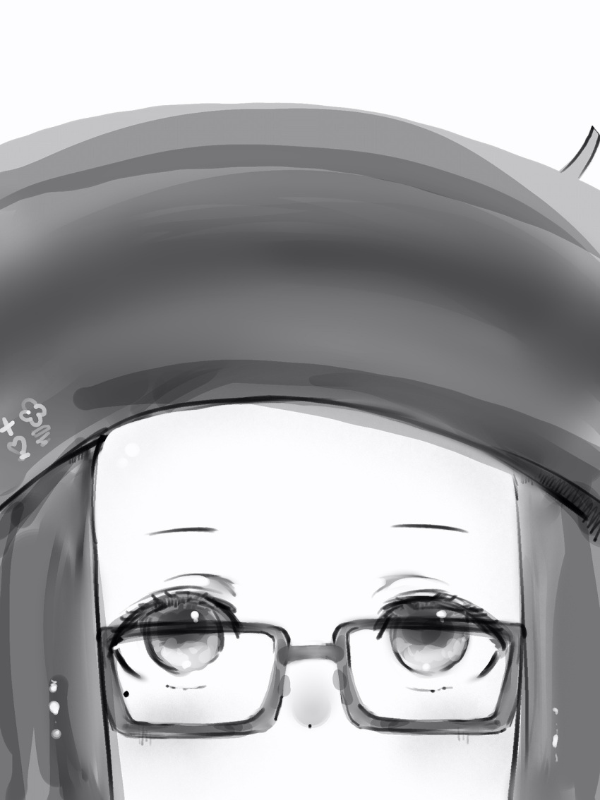 1girl dot_nose forehead glasses greyscale highres hololive hololive_english looking_at_viewer monochrome nanashi_(nlo) ninomae_ina'nis peeking_out portrait simple_background solo white_background