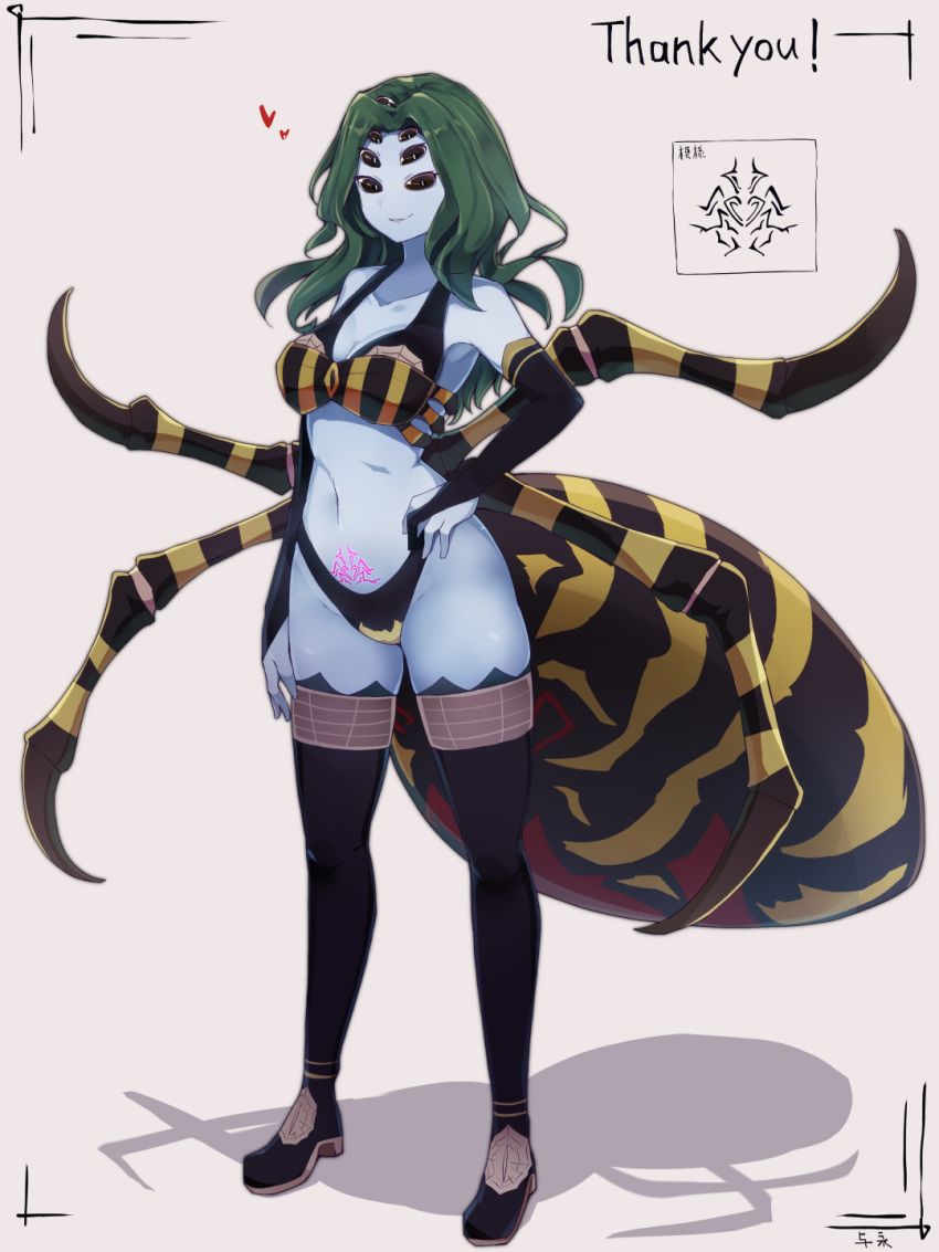1girl arm_at_side arthropod_girl blue_skin breasts carapace colored_skin commentary_request commission extra_eyes full_body green_hair hand_on_hip heart highres medium_breasts monster_girl original pubic_tattoo shadow skeb_commission smile solo spider_girl standing tattoo thigh-highs yonaga