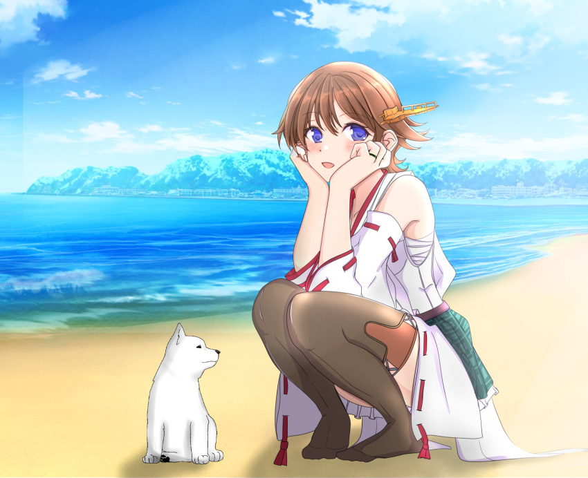 1girl beach blue_eyes blue_sky boots brown_hair clouds commentary_request day detached_sleeves dog flipped_hair full_body green_skirt hairband headgear hiei_(kancolle) highres jewelry kantai_collection looking_at_viewer mountain nitamago_(sakamalh) outdoors plaid plaid_skirt ribbon-trimmed_sleeves ribbon_trim ring short_hair skirt sky squatting thigh-highs thigh_boots wedding_band