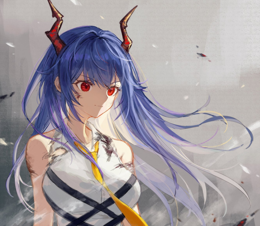 1girl arknights blue_hair breasts burnt_clothes ch'en_(arknights) chinese_commentary commentary dirty dirty_face dragon_horns grey_background horns large_breasts long_hair necktie red_eyes shirt sleeveless sleeveless_shirt solo spacelongcat upper_body white_shirt yellow_neckwear