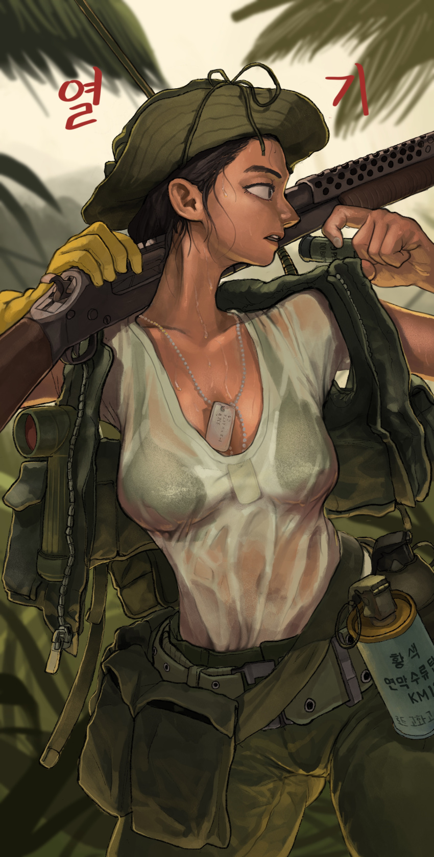 1girl absurdres belt belt_pouch between_breasts black_hair blue_eyes boonie_hat bra breasts commentary_request covered_navel covered_nipples dark_skin dark-skinned_female day dog_tags explosive gloves green_bra green_headwear green_legwear green_vest grenade hat highres hot jungle load_bearing_vest looking_afar medium_breasts military military_uniform nature nose open_clothes open_vest original over_shoulder palm_tree parted_lips pouch pump_action republic_of_korea_army rifleman_(bjh8508) see-through_shirt shirt short_hair shotgun_shells single_glove soldier solo sweat t-shirt tree underwear uniform upper_teeth vest weapon weapon_over_shoulder wet wet_clothes wet_shirt wet_t-shirt white_shirt yellow_gloves
