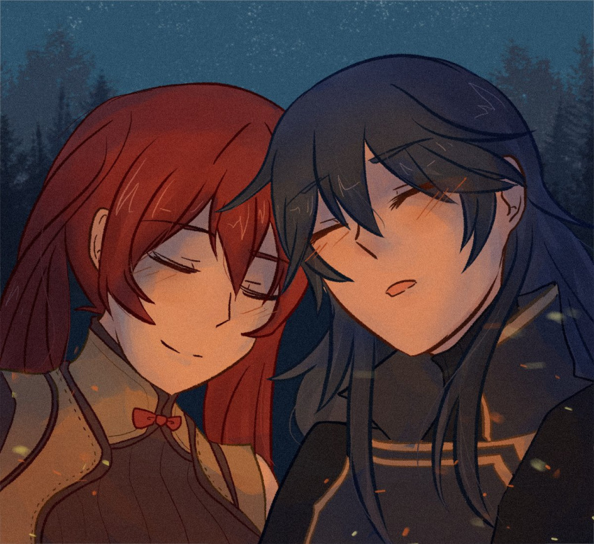 2girls armor blue_hair blush closed_eyes fire_emblem fire_emblem_awakening long_hair lucina_(fire_emblem) multiple_girls night nintendo redhead rose_(savescreen) severa_(fire_emblem) sleeping smile tiara twintails