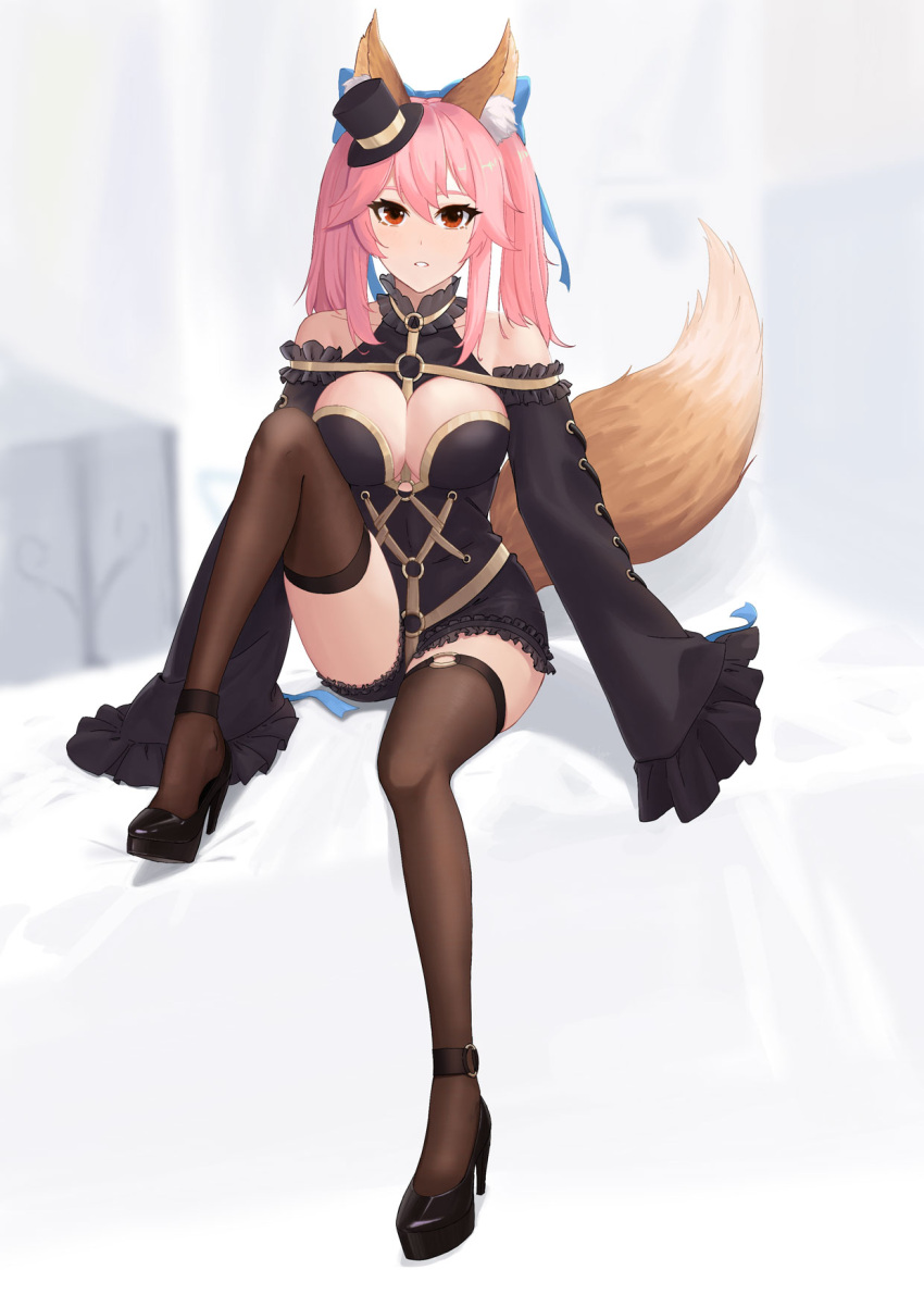 1girl alternate_eye_color animal_ears black_footwear black_legwear blue_bow bow breasts detached_sleeves fate/extra fate/extra_ccc fate/grand_order fate_(series) fox_ears fox_girl fox_tail hair_bow hat high_heels highres large_breasts long_hair mini_hat mini_top_hat pink_hair red_eyes sleeves_past_fingers sleeves_past_wrists solo tail tamamo_(fate)_(all) tamamo_no_mae_(fate) thigh-highs top_hat twintails usagi_koneko