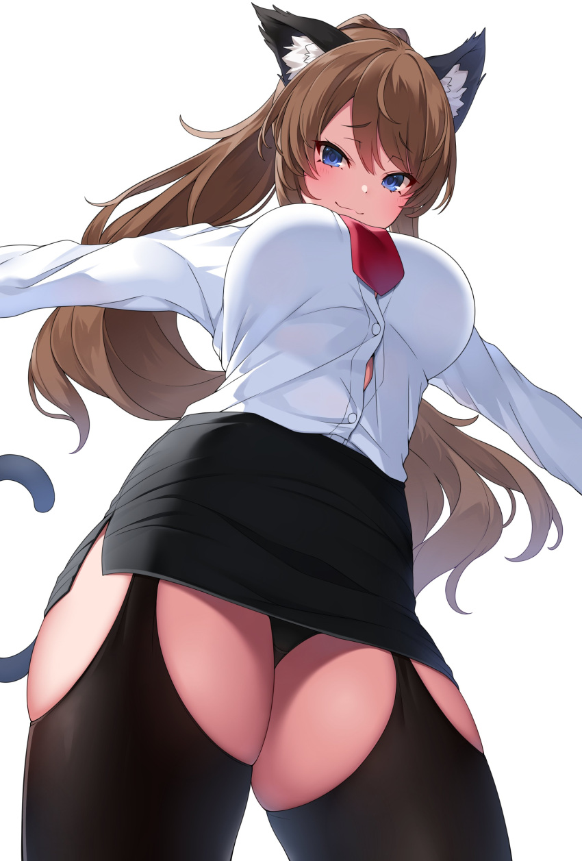 1girl absurdres animal_ear_fluff animal_ears black_legwear black_panties blue_eyes blush breasts brown_hair button_gap cat_ears cat_girl cat_tail commission dress_shirt from_below garter_straps highres large_breasts long_hair looking_at_viewer miniskirt necktie original outstretched_arms panties pencil_skirt ponytail shirt side_slit simple_background skeb_commission skirt smile solo spread_arms suruga_(xsurugax) tail thigh-highs underwear very_long_hair white_background