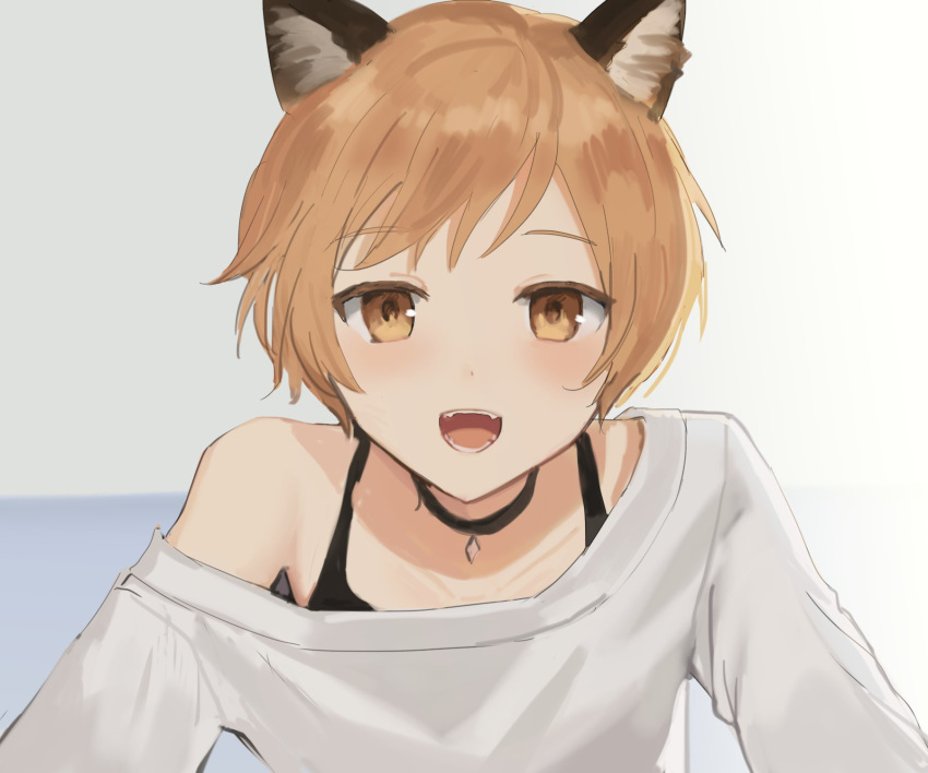 1boy :d animal_ears blush choker doodle fox_ears highres light_blush looking_at_viewer male_focus open_mouth original otoko_no_ko shirt short_hair smile solo sunaba_(nczd5875) upper_body white_shirt