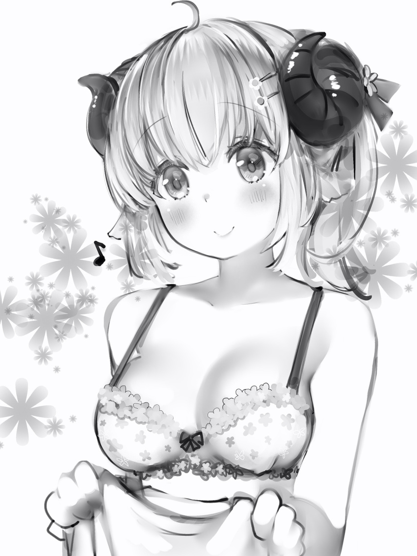 1girl ahoge animal_ears blush bow bow_bra bra closed_mouth curled_horns frilled_bra frills greyscale hair_ornament hairclip highres holding hololive horns medium_hair monochrome musical_note nanashi_(nlo) sheep_ears sheep_horns smile solo tsunomaki_watame underwear underwear_only upper_body