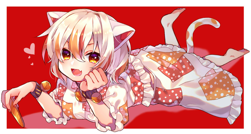 1girl animal_ears bangs bell black_neckwear cat_ears cat_tail coin goutokuji_mike hair_between_eyes hand_up heart looking_at_viewer multicolored multicolored_clothes multicolored_skirt neck_bell open_mouth red_background renka_(sutegoma25) short_hair simple_background skirt smile square tail touhou unconnected_marketeers white_hair white_skirt yellow_eyes