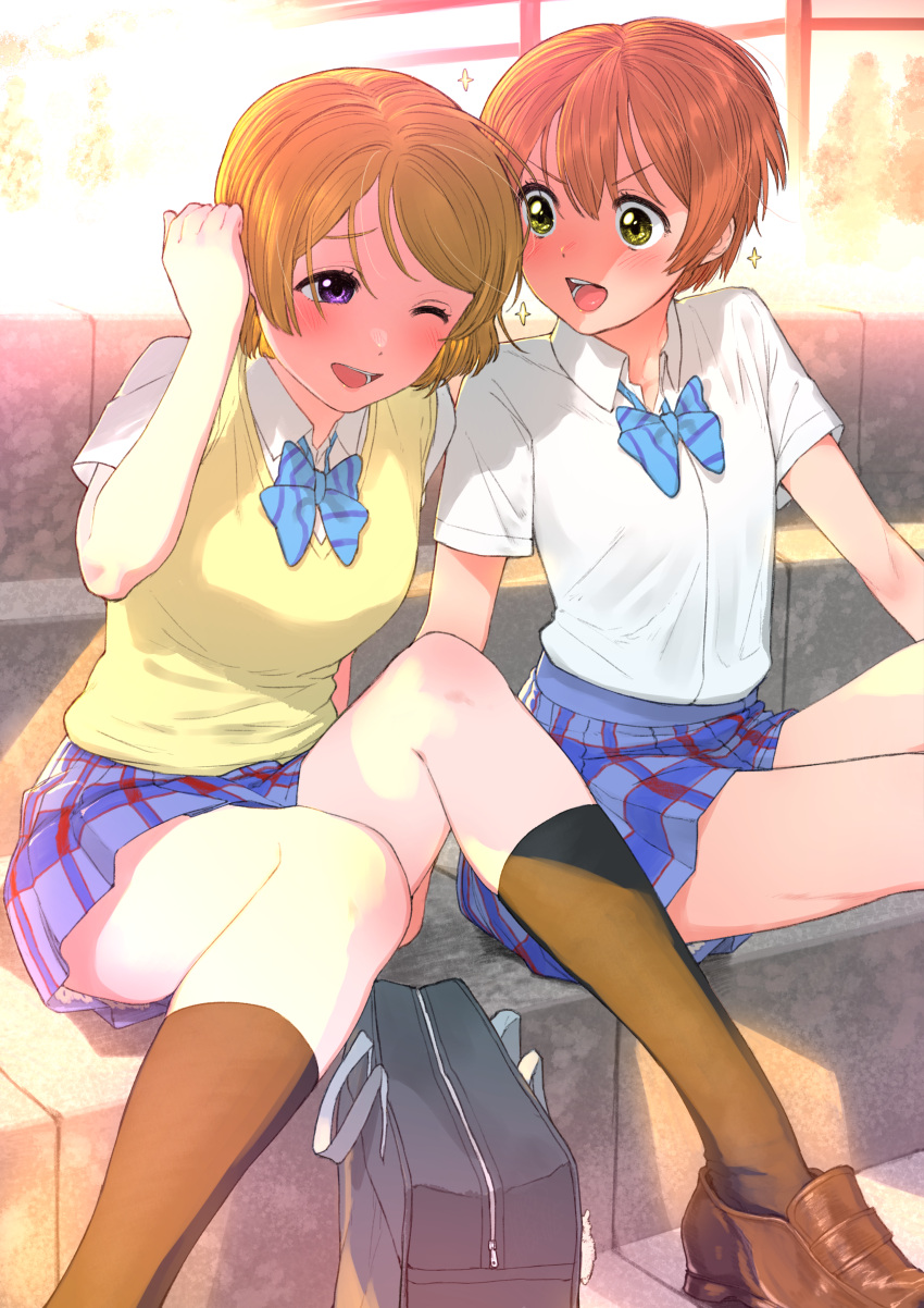 2girls :d ;d absurdres bag black_legwear blonde_hair commentary_request green_eyes highres hoshizora_rin huge_filesize kneehighs koizumi_hanayo love_live! love_live!_school_idol_project multiple_girls one_eye_closed open_mouth orange_hair otonokizaka_school_uniform outdoors plaid plaid_skirt school_bag school_uniform shirt short_hair short_sleeves sitting skirt smile sparkle stairs turbo_engine_(rakugaki_tabo) vest violet_eyes white_shirt yellow_vest