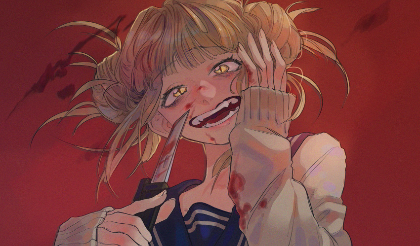 1girl blonde_hair blood bloody_clothes bloody_hands bloody_knife bloody_weapon boku_no_hero_academia double_bun eyebrows_visible_through_hair film_grain fingernails hair_bun hand_on_own_face highres holding holding_knife holding_weapon knife kurii89800727 looking_at_viewer medium_hair red_background sleeves_past_wrists slit_pupils smile solo toga_himiko upper_body weapon yellow_eyes
