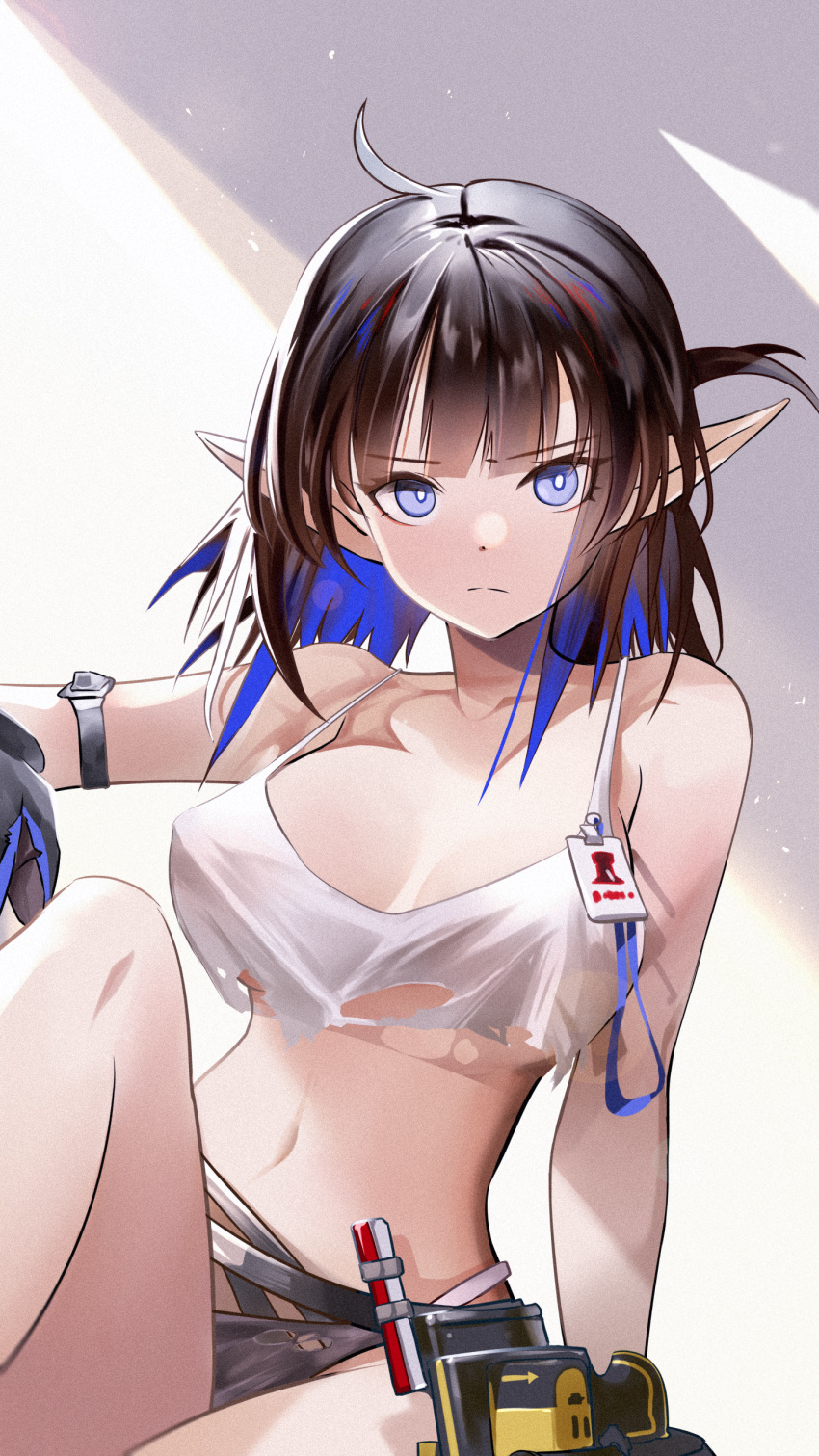 1girl absurdres ahoge arknights arm_strap black_gloves black_hair blue_eyes blue_hair breasts chinese_commentary cowboy_shot crop_top crop_top_overhang dannis_c eunectes_(arknights) eunectes_(forgemaster)_(arknights) gloves highres id_card knee_up large_breasts looking_at_viewer mixed-language_commentary multicolored_hair navel official_alternate_costume pointy_ears shirt short_hair sitting solo torn_clothes torn_shirt two-tone_hair white_shirt