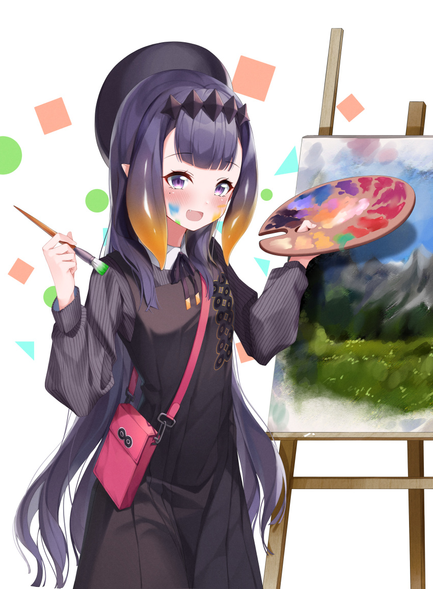 1girl :d absurdres bag bangs beret black_dress black_headwear blush commentary_request dress eyebrows_visible_through_hair fang gradient_hair hat highres holding holding_paintbrush hololive hololive_english long_hair multicolored_hair ninomae_ina'nis open_mouth orange_hair paint_on_face paintbrush painting painting_(object) palette purple_hair shoulder_bag smile solo tentacle_hair tiara violet_eyes virtual_youtuber w_wonjin white_background