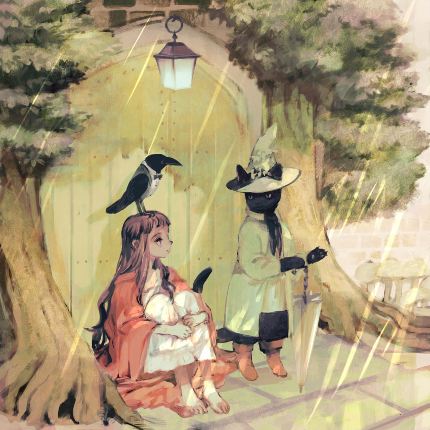 1girl animal animal_on_head bangs barefoot bird bird_on_head black_cat boots bow bowtie brown_hair cat clothed_animal crow door dress hands_together hat highres knees_to_chest knees_up lantern long_hair on_head original outdoors rt0no scarf shirt sitting solo tree umbrella
