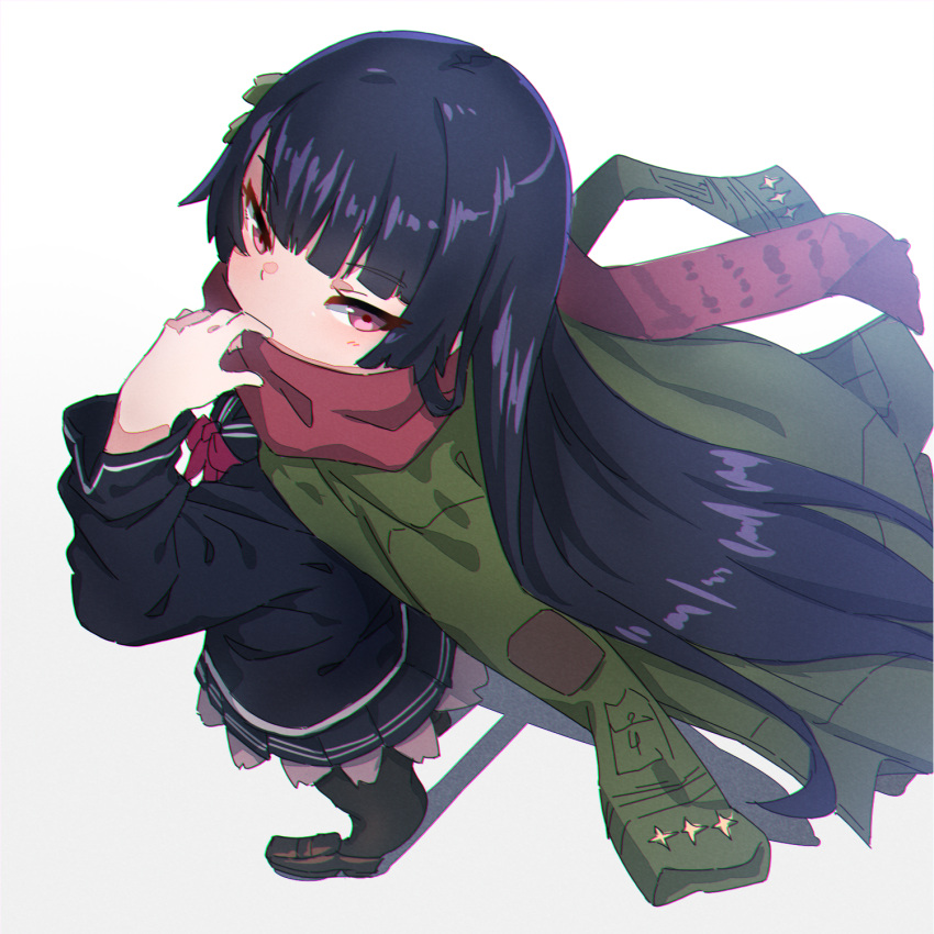 1girl bangs black_hair black_legwear black_sailor_collar black_serafuku black_shirt black_skirt blush brown_footwear commentary_request covered_mouth eyebrows_visible_through_hair from_above from_side full_body girls_frontline gradient gradient_background green_jacket grey_background hand_up highres jacket kuro_kosyou loafers long_hair long_sleeves looking_at_viewer looking_to_the_side looking_up pantyhose pink_eyes pleated_skirt red_scarf sailor_collar scarf school_uniform serafuku shadow shirt shoes skirt solo standing type_100_(girls_frontline) very_long_hair white_background