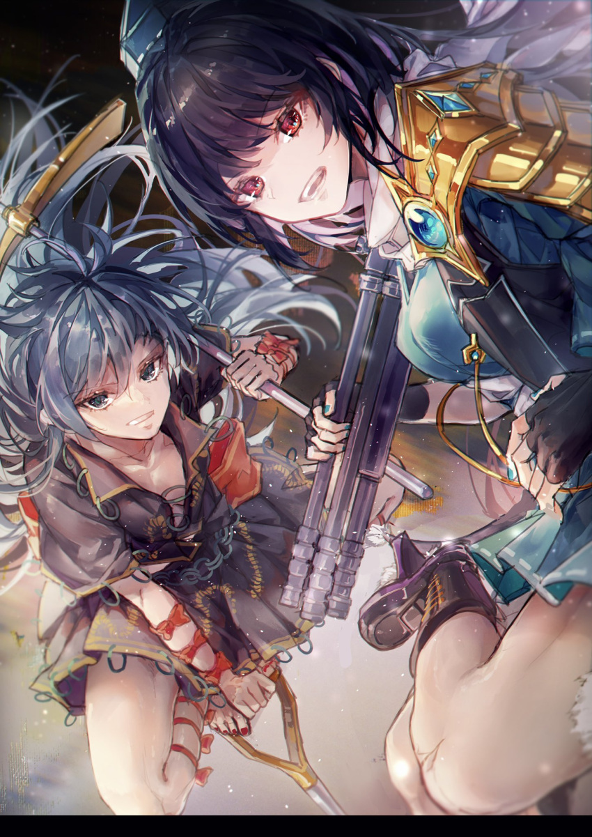 2girls blue_dress blue_hair dress frilled_dress frills gem geta hat highres himemushi_momoyo holding_tripod iizunamaru_megumu long_hair multiple_girls pickaxe red_eyes ribbon_trim shometsu-kei_no_teruru shoulder_guard shovel sleeveless_coat tengu-geta tokin_hat tools touhou tripod