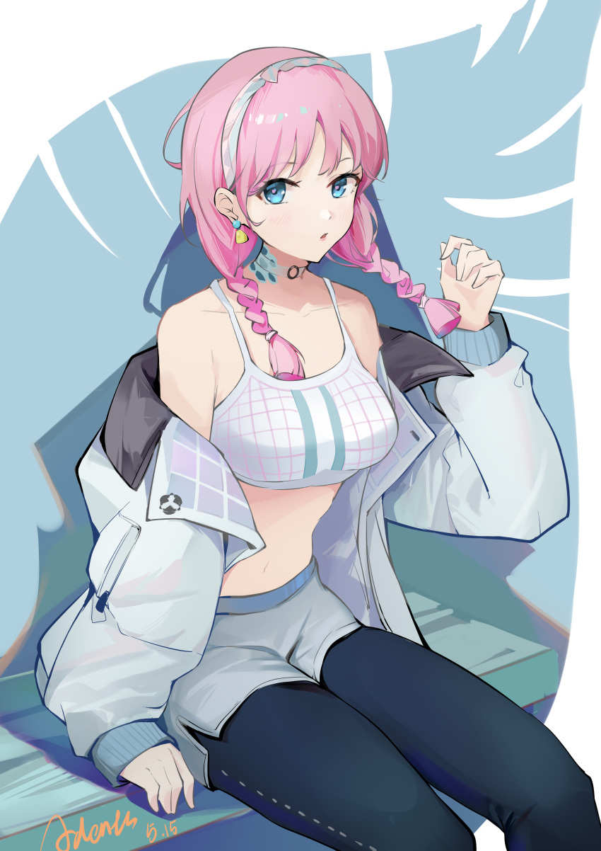 1girl absurdres adents arknights artist_name bangs bare_shoulders black_pants blue_eyes blue_poison_(arknights) blue_poison_(shoal_beat)_(arknights) braid camisole commentary_request crop_top dated earrings feet_out_of_frame grey_jacket grey_shorts hairband hand_up highres jacket jewelry leggings long_hair long_sleeves looking_at_viewer midriff navel off_shoulder official_alternate_costume open_clothes open_jacket pants parted_lips partial_commentary pink_hair short_shorts shorts signature sitting solo spaghetti_strap sports_bra stomach twin_braids