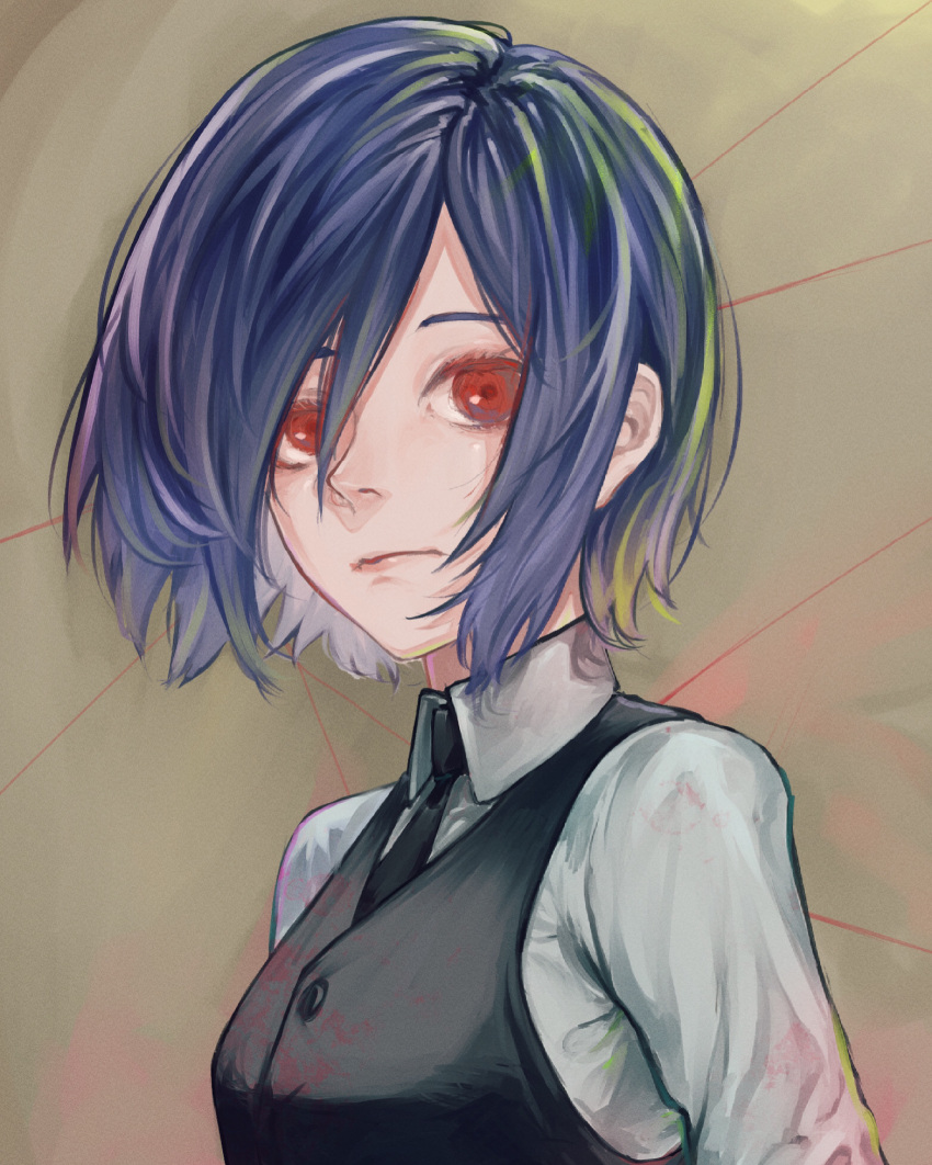 1girl bangs black_vest breasts brown_background collared_shirt hair_between_eyes highres kirishima_touka looking_at_viewer matumatu2343 medium_breasts necktie pointy_nose red_eyes shirt short_hair solo tokyo_ghoul upper_body vest white_shirt