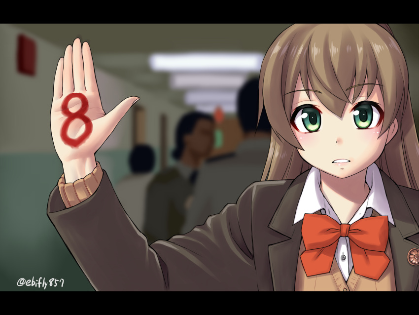 1girl blurry blurry_background bow bowtie brown_hair brown_jacket brown_vest collared_shirt depth_of_field ebifly green_eyes jacket kantai_collection kumano_(kancolle) letterboxed long_hair long_sleeves looking_at_viewer orange_bow orange_neckwear parted_lips shirt solo solo_focus twitter_username vest white_shirt wing_collar