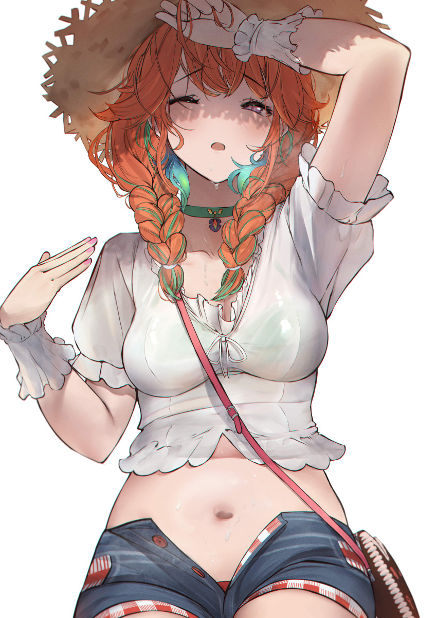 1girl absurdres betabeet blue_shorts braid breasts choker green_choker highres hololive hololive_english hot medium_breasts midriff multicolored_hair navel one_eye_closed orange_hair pink_eyes short_sleeves shorts simple_background solo sweat takanashi_kiara twin_braids two-tone_hair unbuttoned unbuttoned_shorts virtual_youtuber white_background wrist_cuffs
