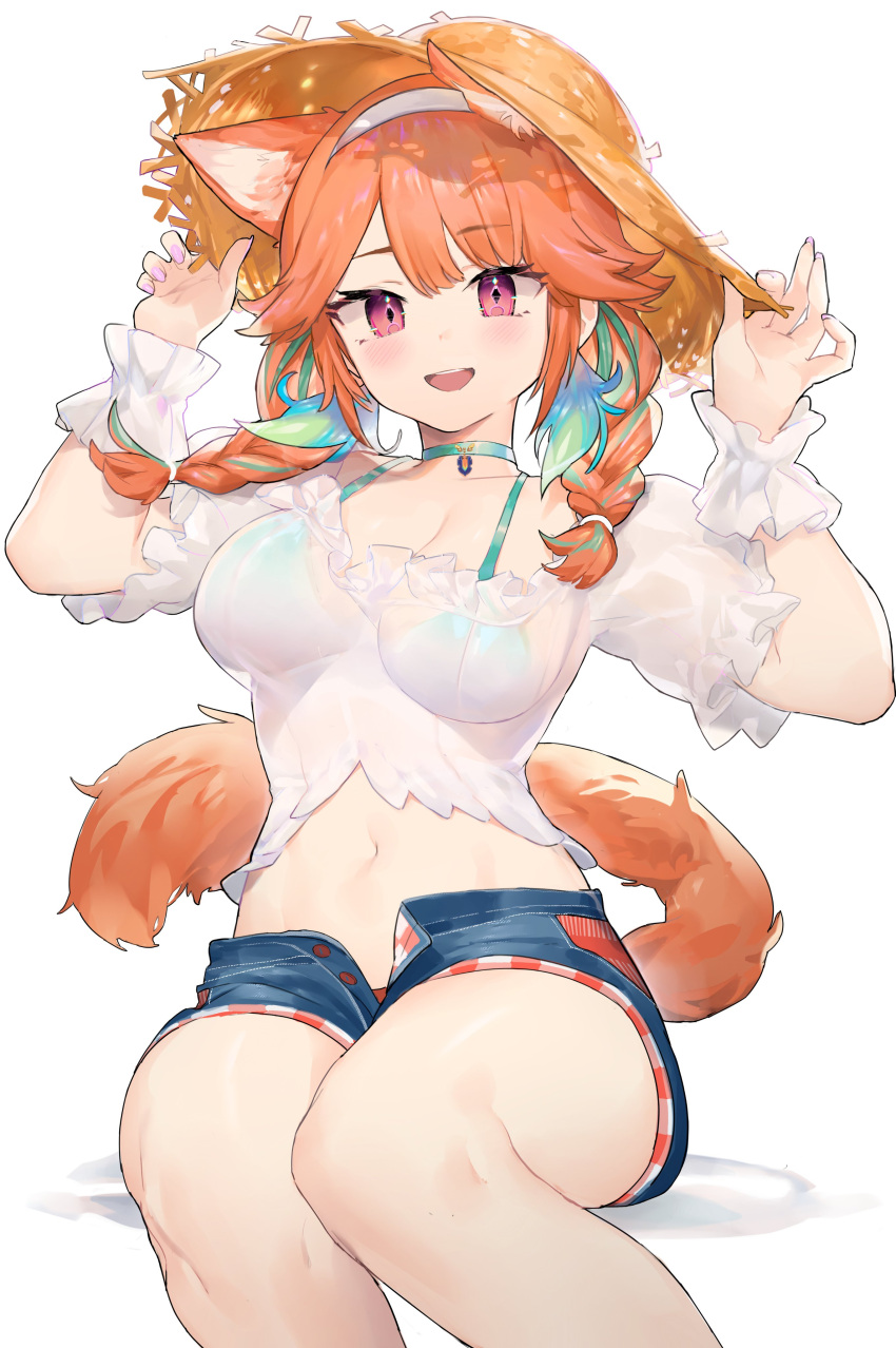 1girl :d absurdres animal_ears aqua_bikini arms_up bikini bikini_under_clothes blue_shorts braid breasts brown_headwear cat_ears choker crop_top hairband hands_on_headwear hat highres hololive hololive_english long_hair looking_at_viewer low_twintails medium_breasts midriff navel neonbeat open_fly open_mouth orange_hair see-through shirt short_shorts short_sleeves shorts sitting smile solo stomach straw_hat string_bikini swimsuit takanashi_kiara twin_braids twintails violet_eyes virtual_youtuber white_shirt wrist_cuffs