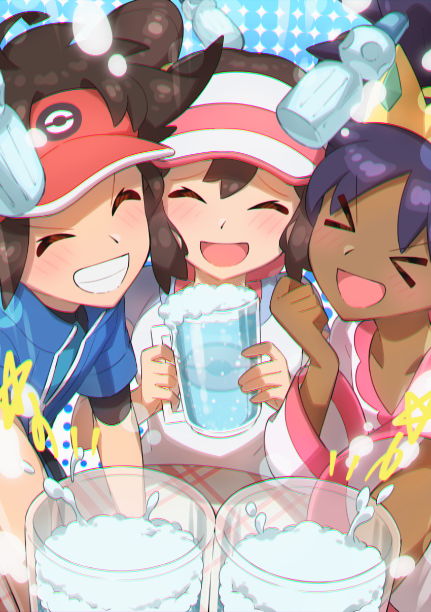 &gt;_&lt; 1boy 2girls absurdres bangs blue_jacket blush bottle brown_hair clenched_hand closed_eyes commentary_request dark_skin dark-skinned_female eyelashes foam grin hand_up highres holding iris_(pokemon) jacket multiple_girls nate_(pokemon) open_mouth parted_bangs pokemon pokemon_(game) pokemon_bw2 raglan_sleeves red_headwear rosa_(pokemon) shirt short_sleeves smile taisa_(lovemokunae) teeth tongue visor_cap water_bottle |d