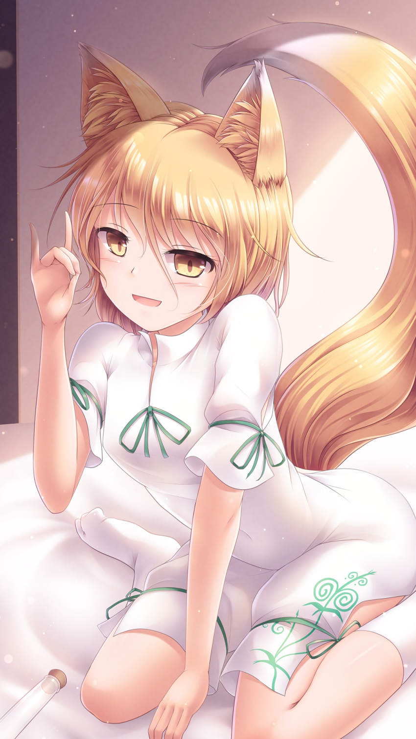 1girl :d animal_ear_fluff animal_ears bangs blonde_hair blush commentary_request eyebrows_visible_through_hair fox_ears fox_girl fox_shadow_puppet fox_tail highres indoors jumpsuit kudamaki_tsukasa looking_at_viewer lzh no_shoes open_mouth short_hair short_sleeves sitting smile socks solo tail tail_raised test_tube touhou wariza white_legwear yellow_eyes